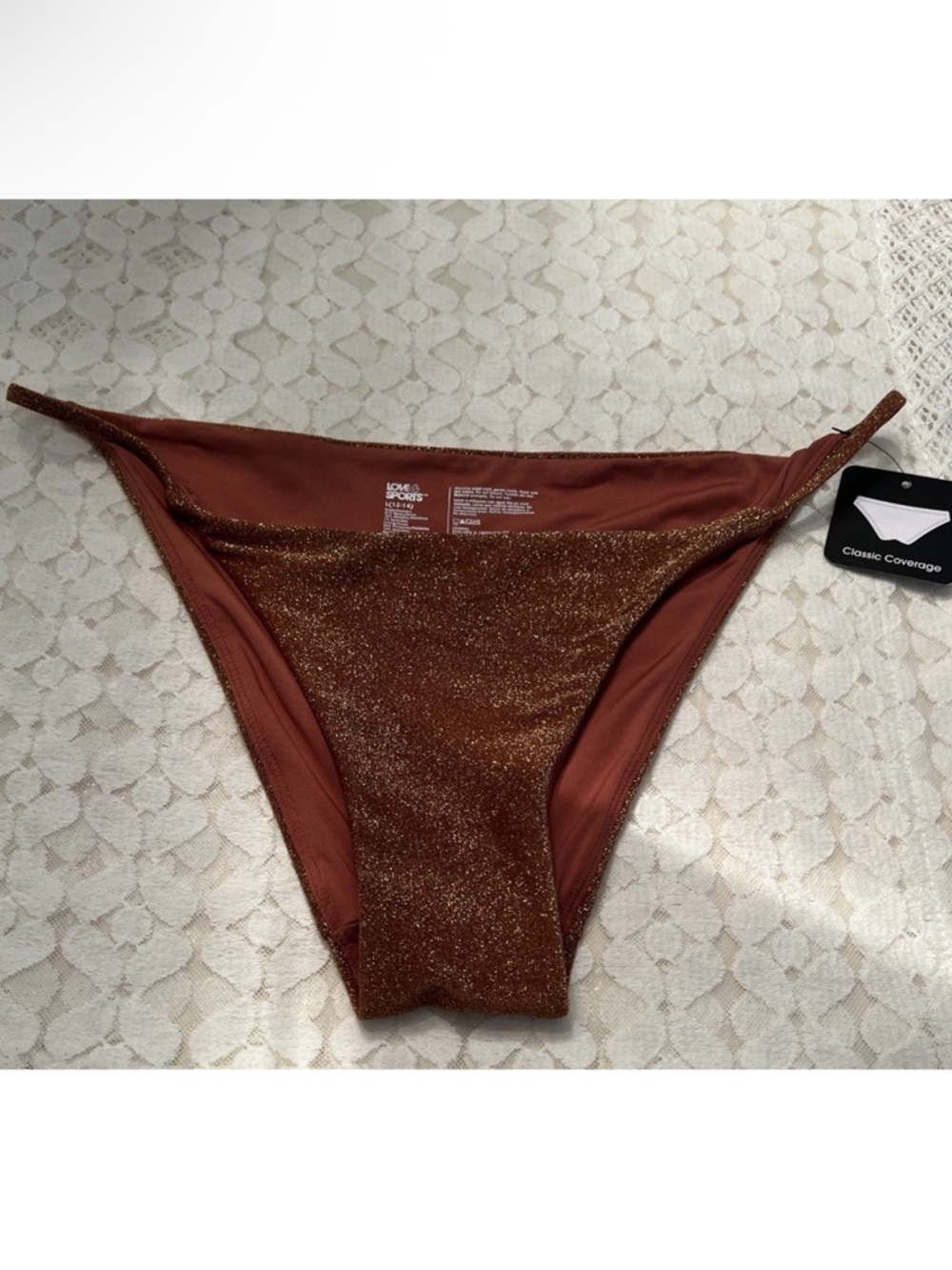 LOVE & SPORTS L 12-14 Metallic Cinnamon Classic Side Tab Bikini Bottom NEW TAG - Picture 4 of 16